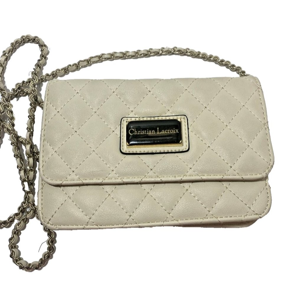 Christian Lacroix Cream Quilted Faux Leather Crossbody Shoulder Bag Purse
